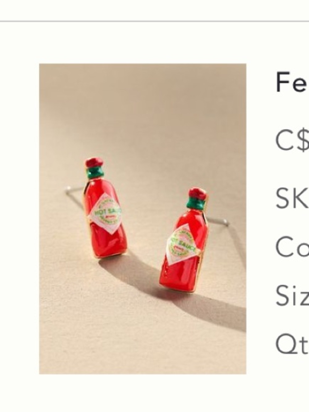 Anthropologie Red Hot Sauce Bottle Stud Earrings